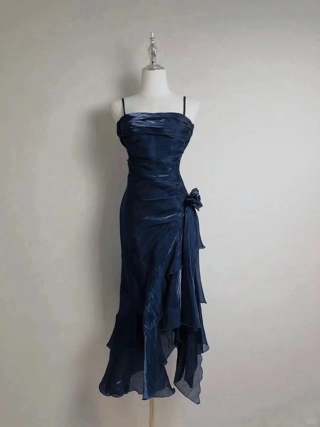 Vintage Mermaid 90s Spaghetti Strap Navy Blue Long With Ruffles Prom Dresses Formal Outfits RB3927