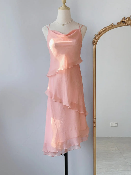 Simple Sheath Spaghetti Strap Pink Tea Length Prom Dresses Formal Party Outfits RB3914