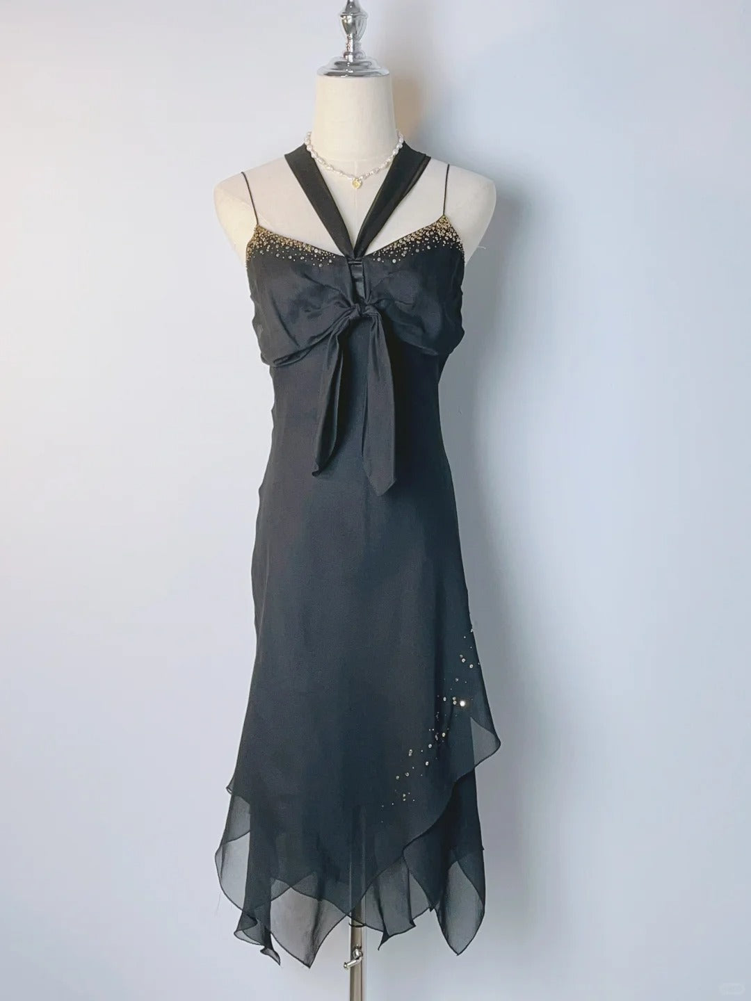 Retro A line Halter Black Tie Dress Chiffon Tea Length Prom Dresses Formal Party Outfits RB3921