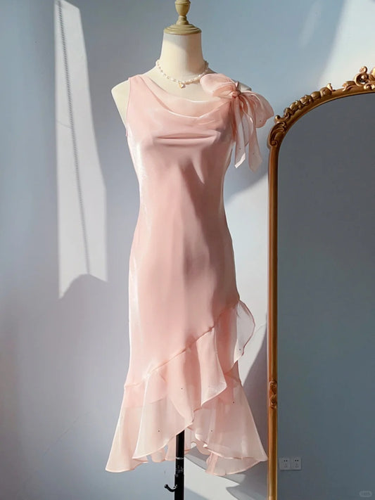 Retro Mermaid Cowl Neck Blush Pink Tea Length Prom Dresses Formal Party Outfits RB3916