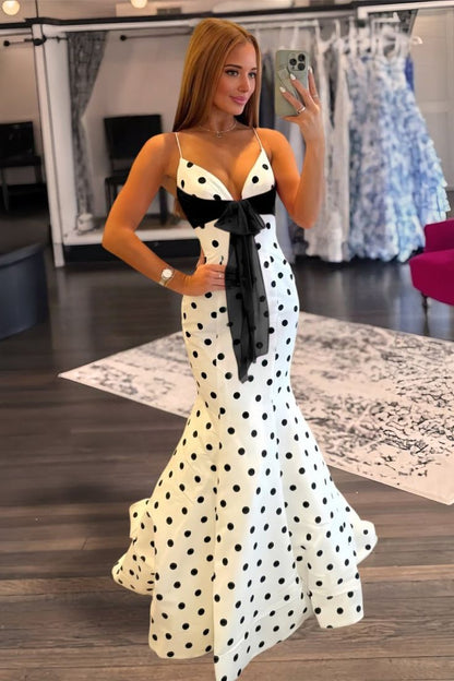 Robe de bal sirène à pois et bretelles spaghetti, ornée d'un nœud, idéale pour un anniversaire (AB2310)