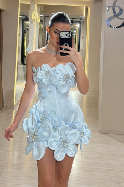 Hoco Dress Charming Sky Blue Strapless Sleeveless Satin Homecoming Dresses Mini With Pearls Birthday Party Outfits RB6429