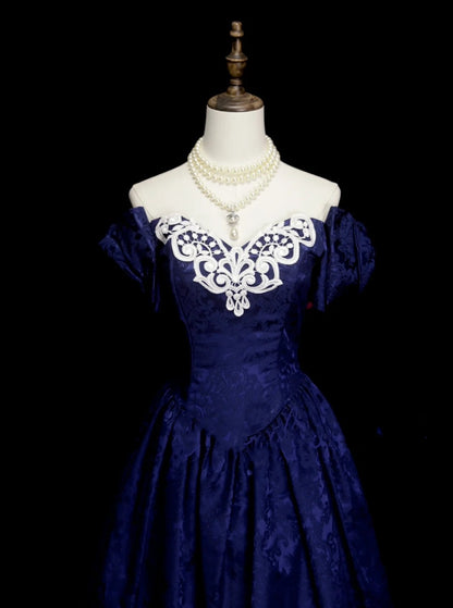 Vintage Ball Gown Royal Blue 1980s With Appliques College Formal Outfit Prom Graduation Dresses For Teens N1319