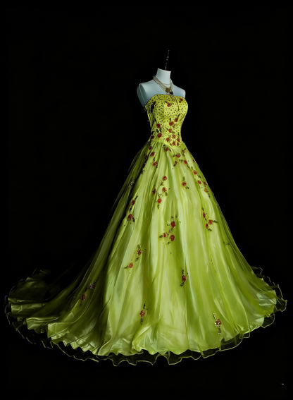 Robe de bal chic sans bretelles en tulle vert ornée de perles, longue, tenue de soirée pour les jeunes filles (N1379).