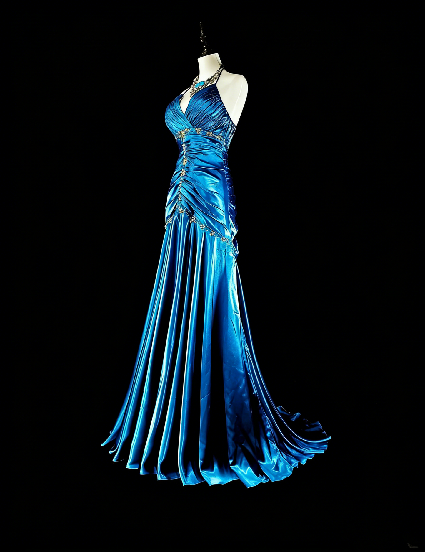 Robes de bal vintage Sirène Halter Satin Bleu Perlé Longue Robe de soirée N2378