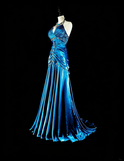 Robes de bal vintage Sirène Halter Satin Bleu Perlé Longue Robe de soirée N2378
