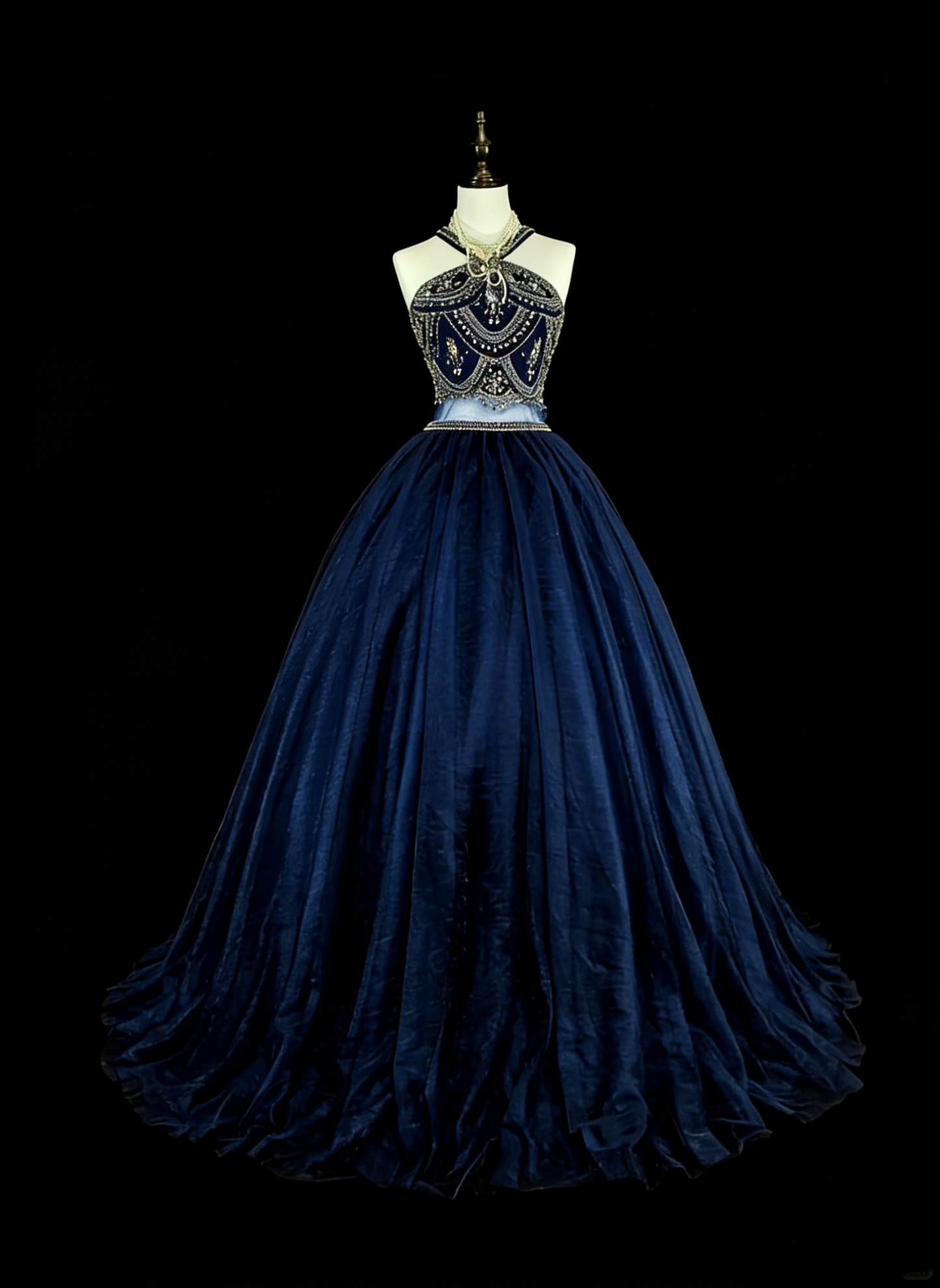 Vintage Ballkleid, hochgeschlossen, marineblauer Tüll mit Perlenstickerei, ärmellos, 70er-Jahre-Stil, langes formelles Abendkleid N1485