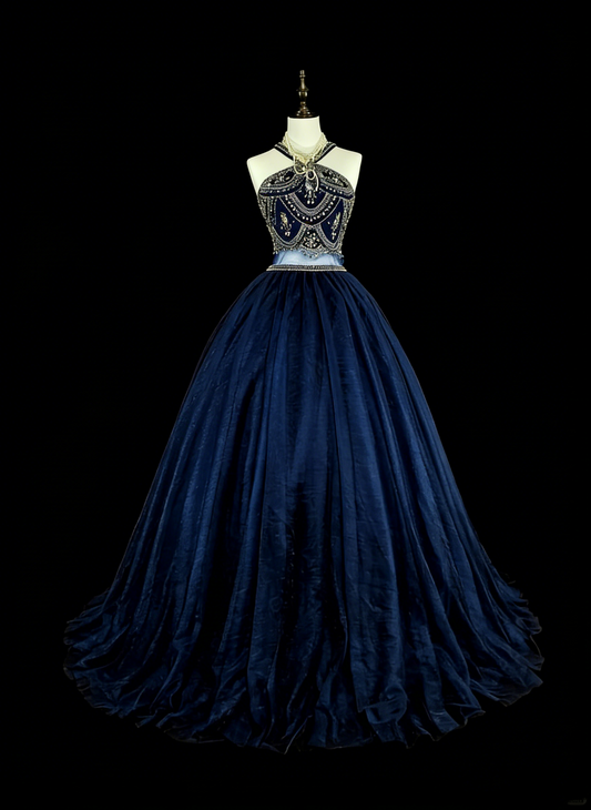 Robe de bal vintage années 70, col montant, tulle bleu marine orné de perles, sans manches, robe de soirée longue et élégante N1485
