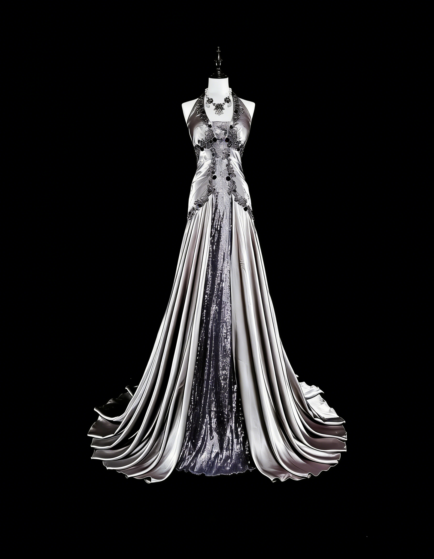 Vintage-Abendkleider, ästhetisches Meerjungfrauen-Neckholderkleid, silbergrauer Taft, klassisches Partykleid mit Kristallen und Strasssteinen, N2000