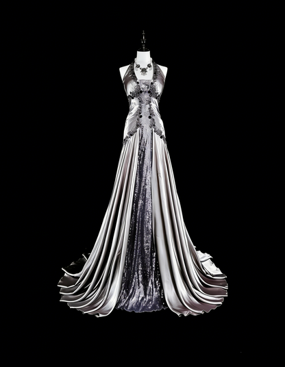 Vintage-Abendkleider, ästhetisches Meerjungfrauen-Neckholderkleid, silbergrauer Taft, klassisches Partykleid mit Kristallen und Strasssteinen, N2000