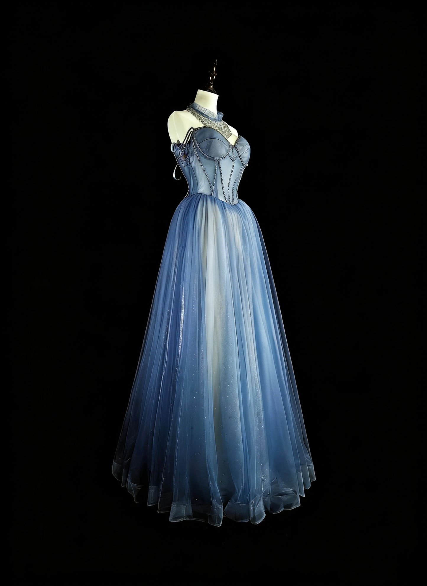 Vintage Abschlussballkleider Ästhetik 1950er Retro A-Linie Spaghettiträger Blau Tüll Langes Partykleid N2369