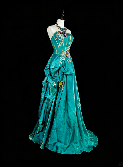 Robe de bal longue vintage années 70, coupe trapèze, sans bretelles, en satin bleu orné d'appliqués, idéale pour les soirées et les fêtes (N1830)