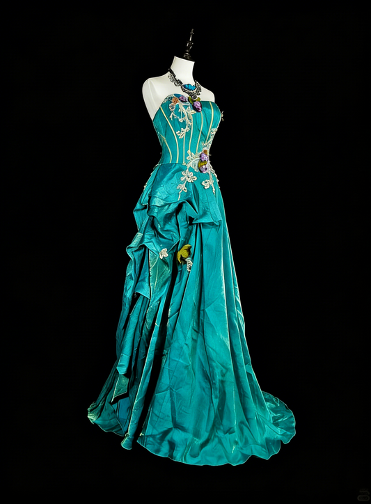 Vintage A line Strapless Blue 70s Satin With Appliques Long Prom Gown Party Wear Fashion Dresses N1830