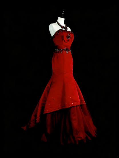 Robe de bal de printemps sirène bustier rouge en tulle, modèle N1426