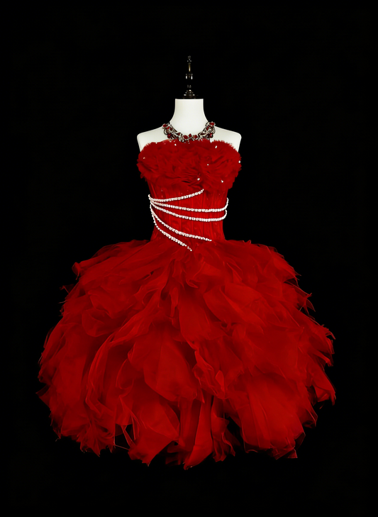 Unique Ball Gown Strapless Tulle Red Inspo Vintage Fashion 2000s Hoco Gowns Short Inspo Homecoming Dresses N2017