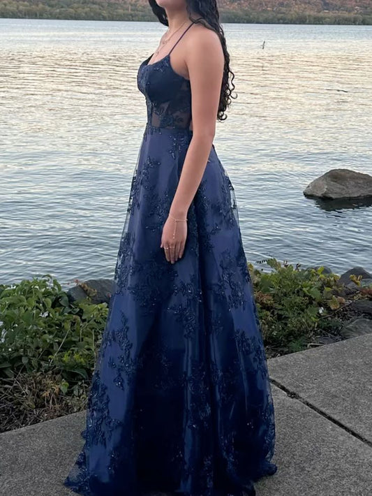 Sparkly Tulle Prom Dresses Lace Appliques Ball Gown Long Spaghetti Straps Formal Evening Gowns AB689