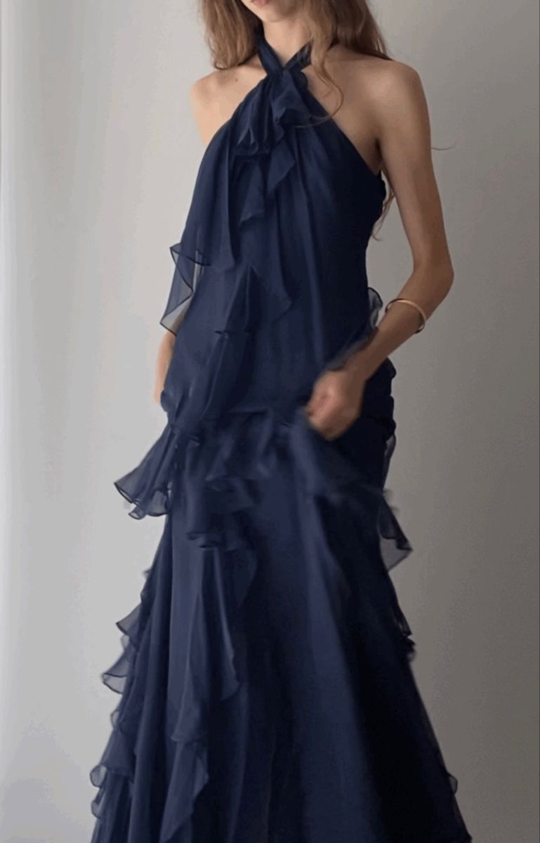 Robe longue à volants style plage pour femme, ornée de fleurs 3D, bleu marine, sans manches, coupe slim, maxi, ligne A, pour bal de promo N2353