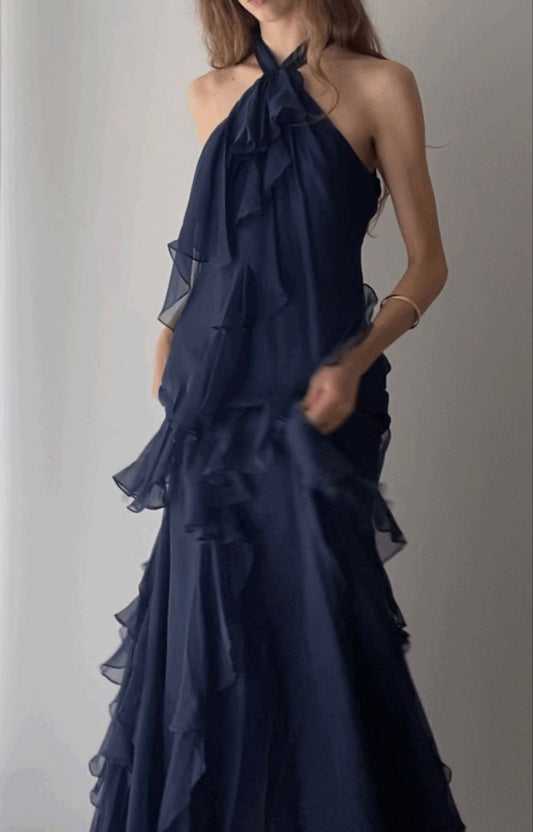 Beach Layer Ruffles Long Dress Women 3d Flower Navy Blue Sleeveless Slim Fit Maxi A line Prom Dress N2353