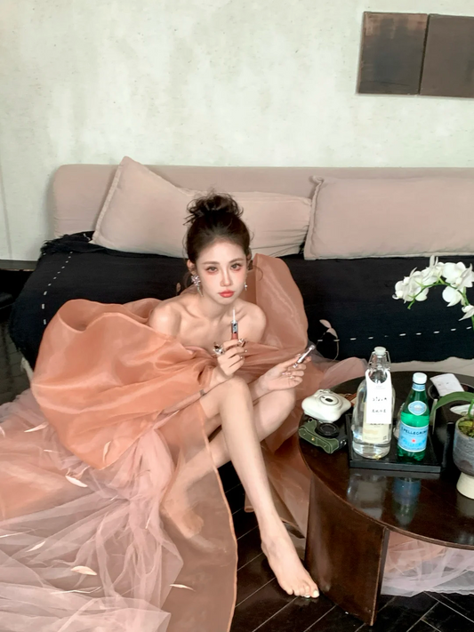 Modest Ball Gown Off The Shoulder Coral Pink With Long Sleeves Bow Prm Dress Aesthetic Long Graduation Evening Outfits N065