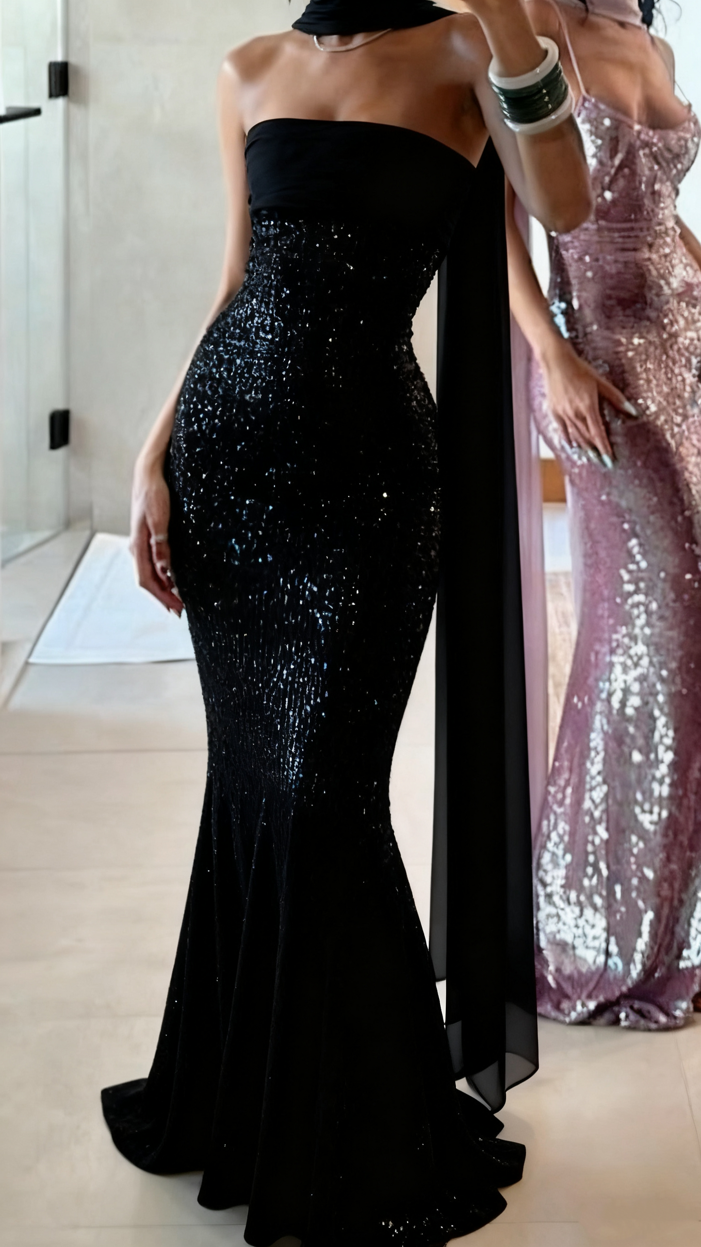 Sparkle Prom Dresses Mermaid Strapless Sequins Mint Green Slit Back Fashion Long Prom Dresses Party Gowns With Scarf AB315