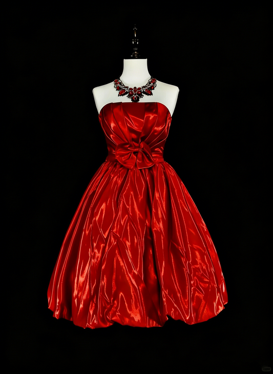 Unique Ball Gown Strapless Satin Red Inspo 2000s Hoco Gowns Short Inspo Homecoming Dresses N1749
