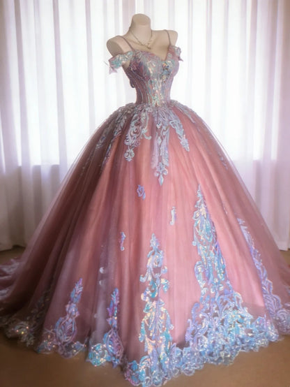 Mignonne Robe de Bal Bretelles Fines en Satin Rose avec Appliques Robes de Soirée Longues Robes de Bal de Promo N3039