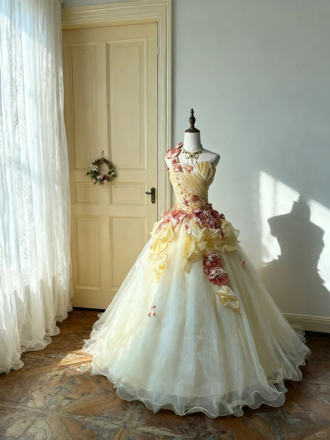 Princess Ball Gown One Shoulder Pastel Yellow Tulle Long Sweet 15 16 Quinceanera Dresses Seventeen Quince Dress RB4249