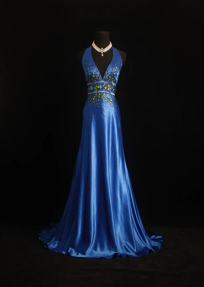 Vintage Prom Dresses Mermaid Royal Blue V Neck With Gold Beaded 80s Evening Formal Dress RB3274