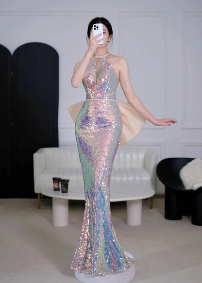 Robe de bal longue sirène à sequins, dos nu, style modeste, pour lycéennes et adolescentes, tenue de soirée de fin d'année AB2525
