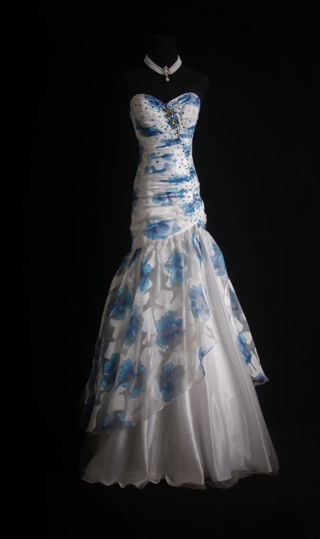 Retro Meerjungfrauen-Abendkleid mit Herzausschnitt, Blumenmuster, blau, 2000er-Jahre, langes Kleid, Inspiration für Outfits zum 19. Geburtstag, formelles Kleid N499