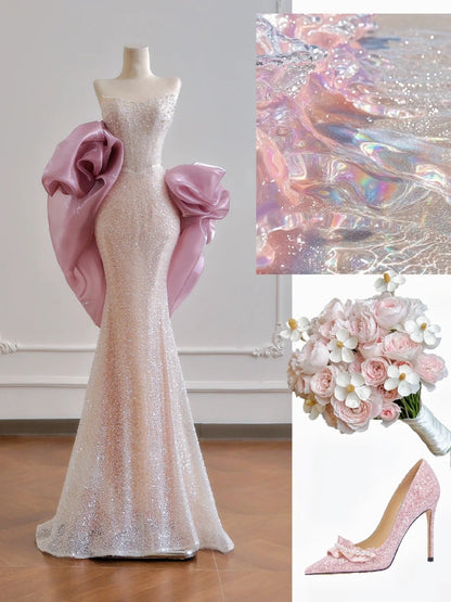 Glamouröses, trägerloses Meerjungfrauen-Abendkleid in Hellrosa mit Pailletten und Cape, langes Abendkleid, festliches Kleid, Geburtstagskleid N377