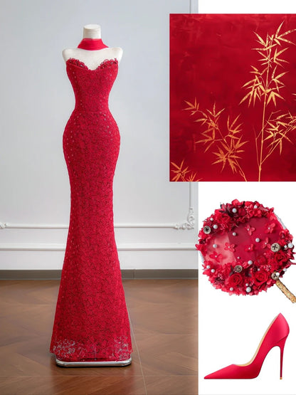 Robe de bal longue sirène romantique en dentelle rouge avec foulard, idéale pour un 18e anniversaire (N395)