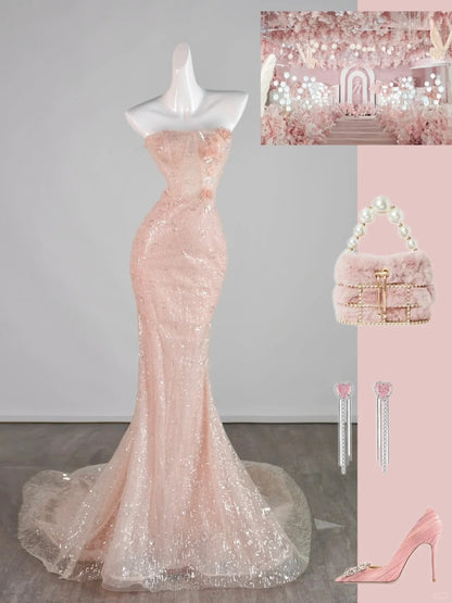 Elegantes, ärmelloses, trägerloses Meerjungfrauen-Abendkleid in Rosa mit Pailletten, Modell N1287