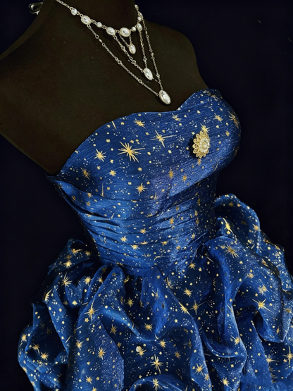 Glamouröses Ballkleid, Neckholder, Marineblau mit goldenen Sternen, Partykleid, Cocktailkleid, Abendkleid, N3813