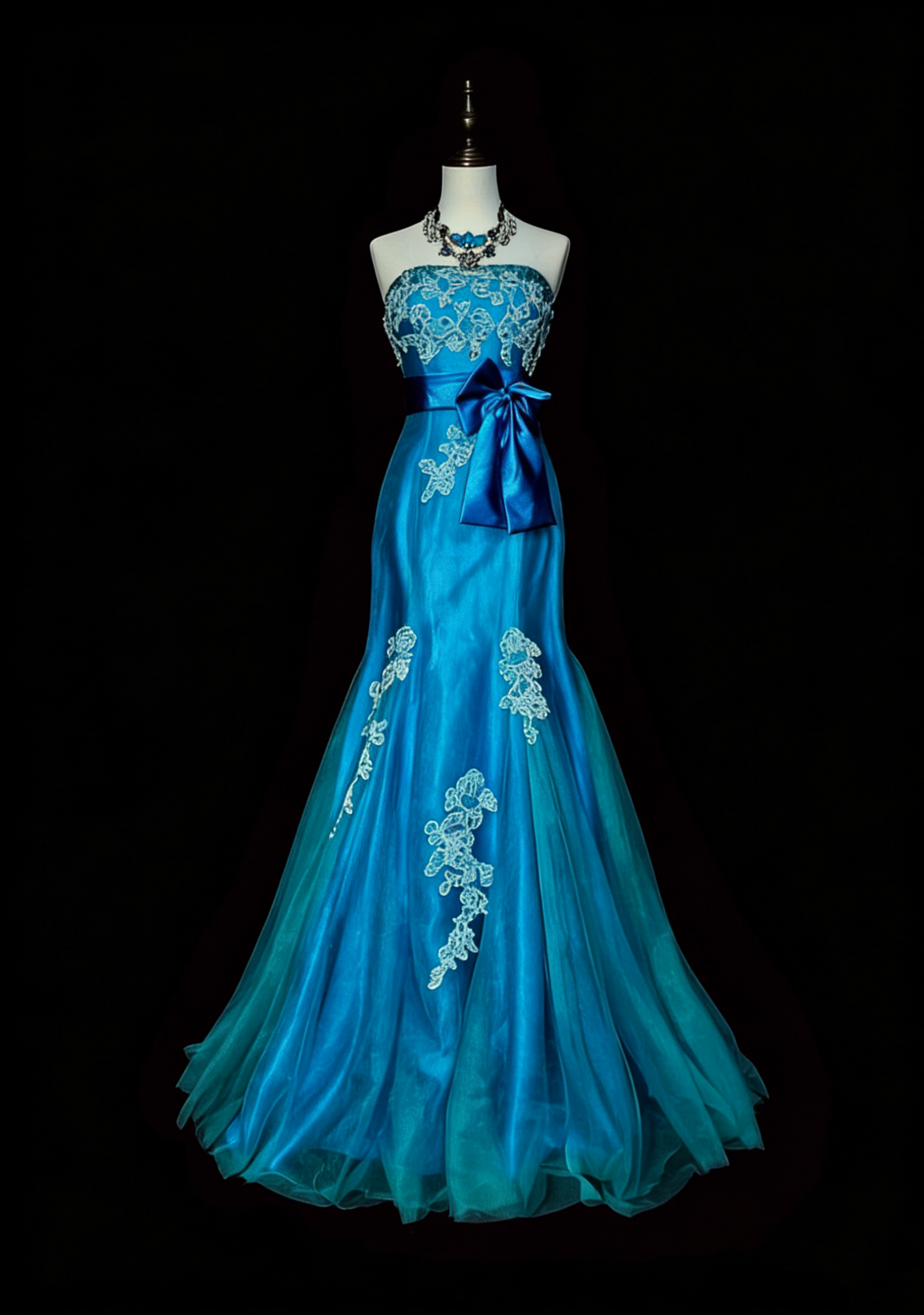Vintage Meerjungfrauen-Kleid, trägerlos, blau, 2000er Jahre, mit Applikationen, langes, formelles Abendkleid N1359