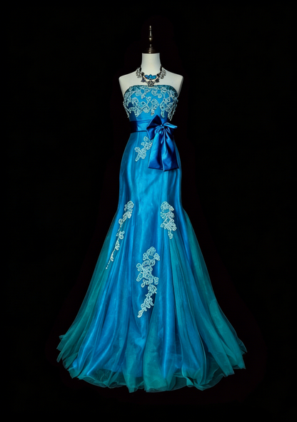 Vintage Meerjungfrauen-Kleid, trägerlos, blau, 2000er Jahre, mit Applikationen, langes, formelles Abendkleid N1359