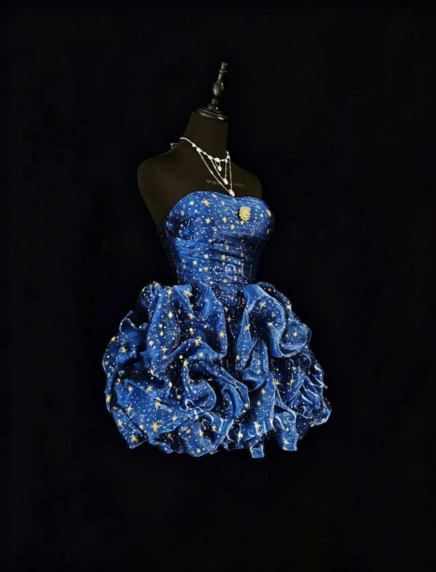 Glamouröses Ballkleid, Neckholder, Marineblau mit goldenen Sternen, Partykleid, Cocktailkleid, Abendkleid, N3813