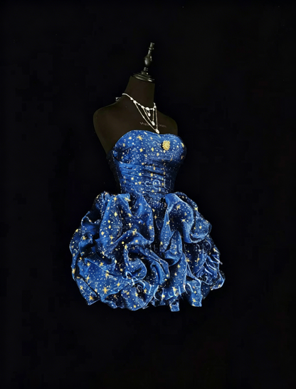 Glamouröses Ballkleid, Neckholder, Marineblau mit goldenen Sternen, Partykleid, Cocktailkleid, Abendkleid, N3813