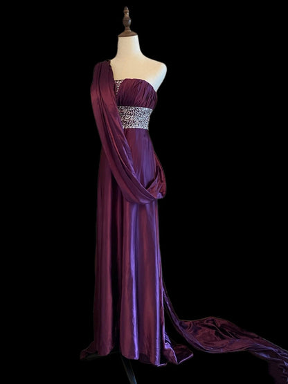 Vintage A line Strapless Purple With Beads Satin Prom Dresses Inspo Evening Outfits RB4025