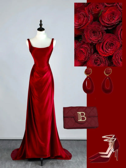 Atemberaubendes, langes Meerjungfrauen-Abendkleid aus burgunderrotem Satin mit eckigem Ausschnitt – Inspiration für Prinzessinnen-Abschlusskleider N1086
