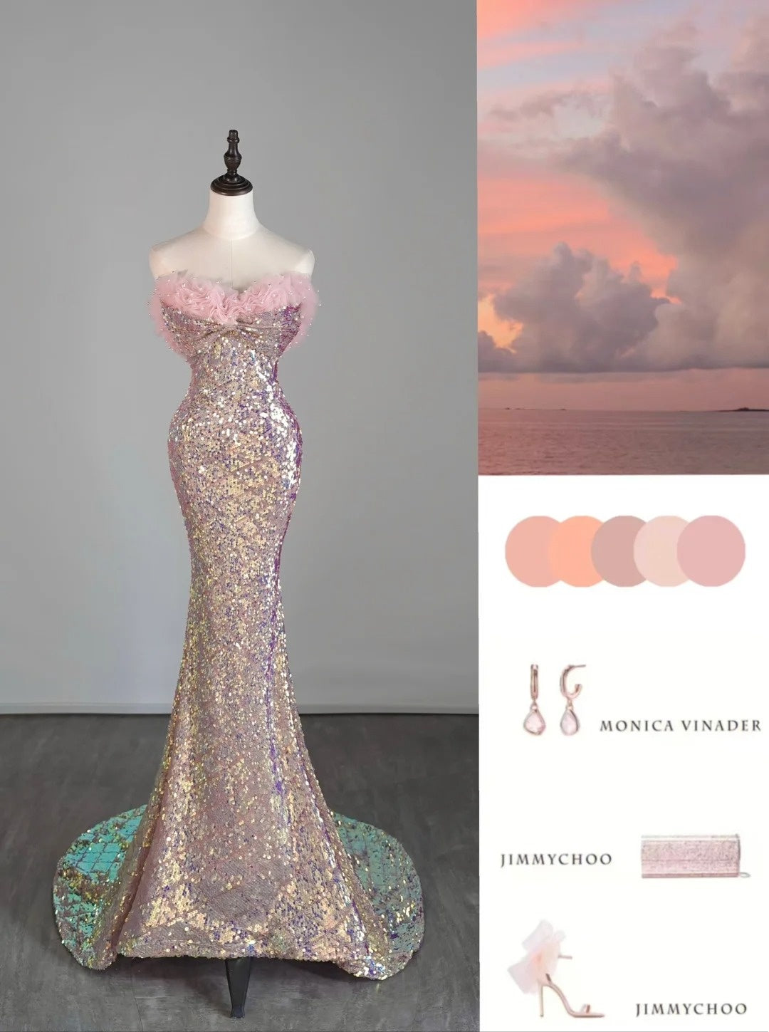 Elegantes, langes, rosafarbenes Pailletten-Abendkleid im Meerjungfrauenstil mit herzförmigem Ausschnitt, halbformelles Abendkleid N686