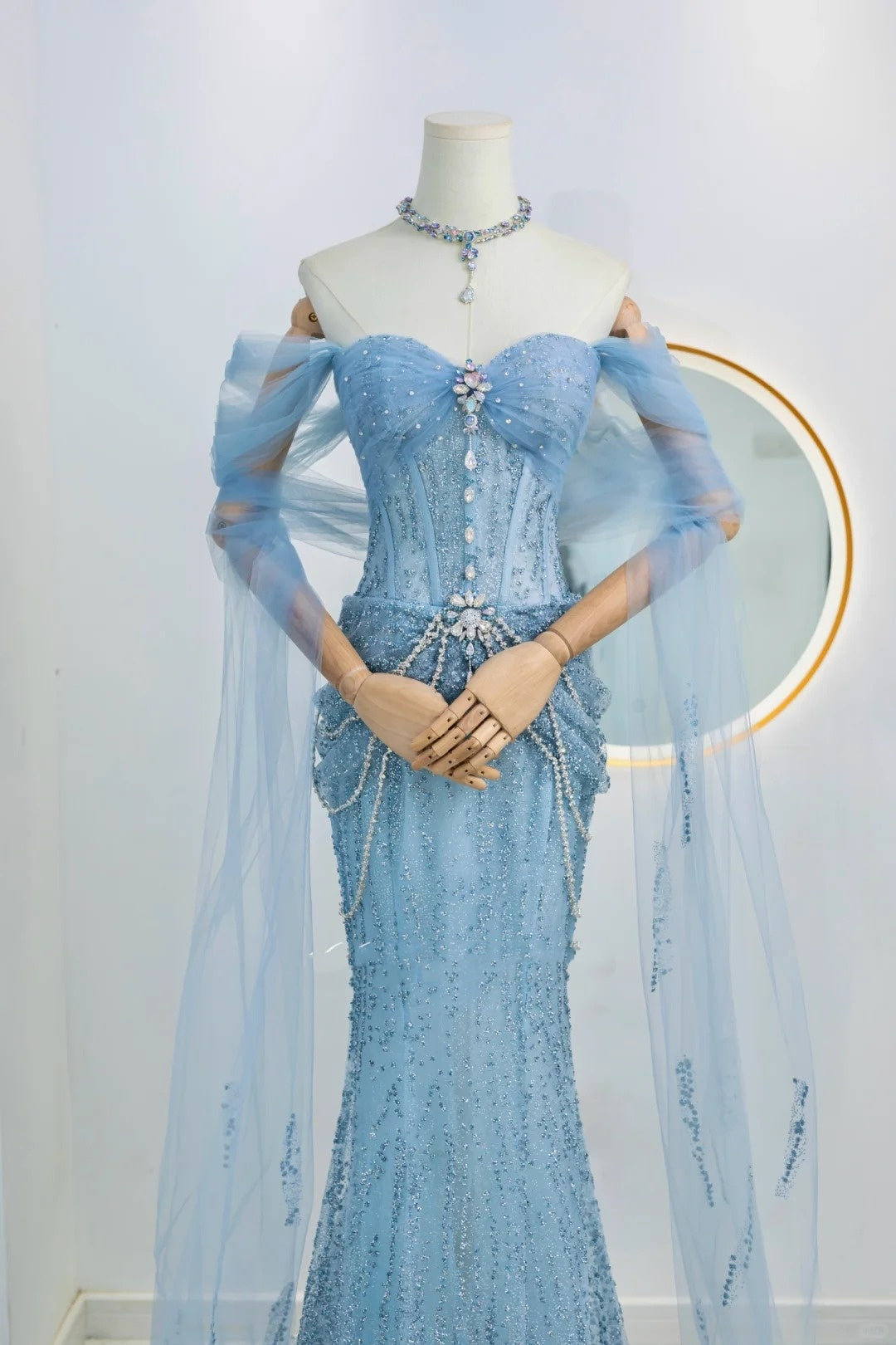 Robe de soirée longue sirène scintillante bleu à paillettes avec épaules dénudées, tenue d'anniversaire, robe de bal de promo N2842