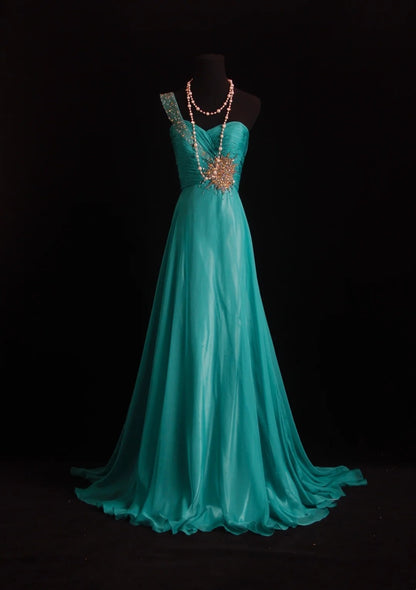 Vintage Prom Dresses A line One Shoulder Green Sleeveless With Beaded 80s Chiffon Evening Formal Dress RB3266