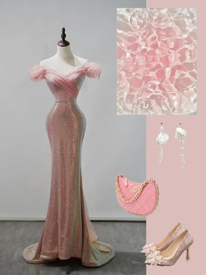 Sparkly Mermaid Off The Shoulder Pink Sequin Short Sleeves Long Prom Dresses Formal Gowns Evening Dress N682