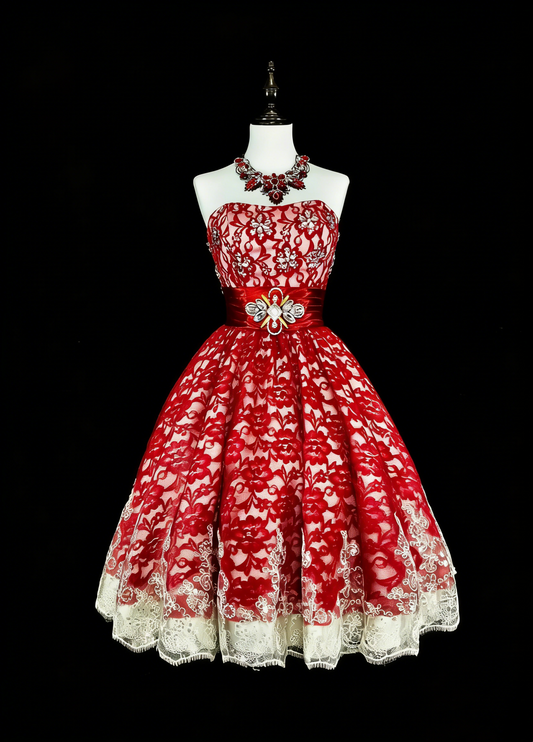 Unique Ball Gown Strapless Lace Red Inspo Vintage Fashion 2000s Hoco Gowns Short Inspo Homecoming Dresses N2010