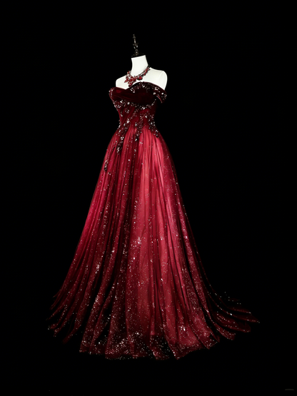 Robe de bal vintage style années 50, robe de bal rétro élégante à épaules dénudées bordeaux longue avec appliques N1995