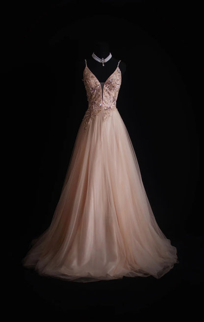 Retro-A-Linien-Abendkleid mit Spaghettiträgern in zartem Rosa im 90er-Jahre-Stil aus Tüll – Inspiration für Outfits zum 18. Geburtstag – Festliches Kleid N490