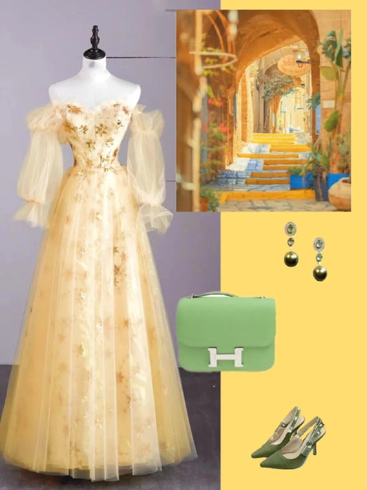 Vintage Night Aesthetic Ball Gown Strapless Tulle Yellow College Formal Sweet 16 Outfit Long Prom Dresses For Teens N1163