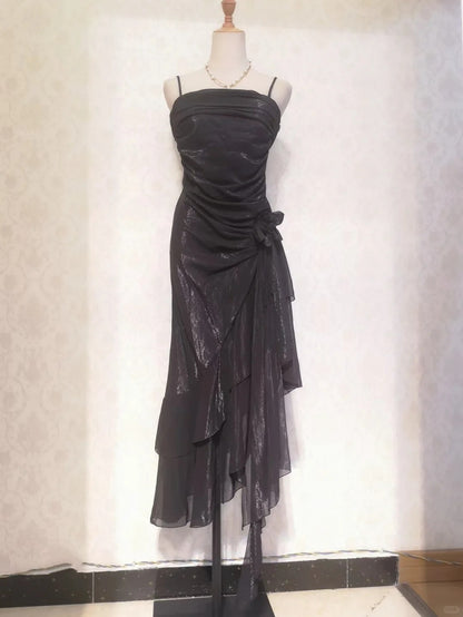 Vintage Prom Dresses 80s Mermaid Spaghetti Straps Black Tie Dress Irregular Hem Tea Length Formal Outfit RB4318