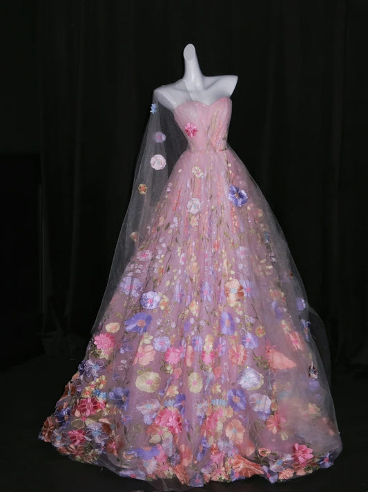 Cute Ball Gown Strapless Pink Sleeveless Floral Tulle Long Quinceanera Dresses Sweet 15 16 Birthday Outfits N1085